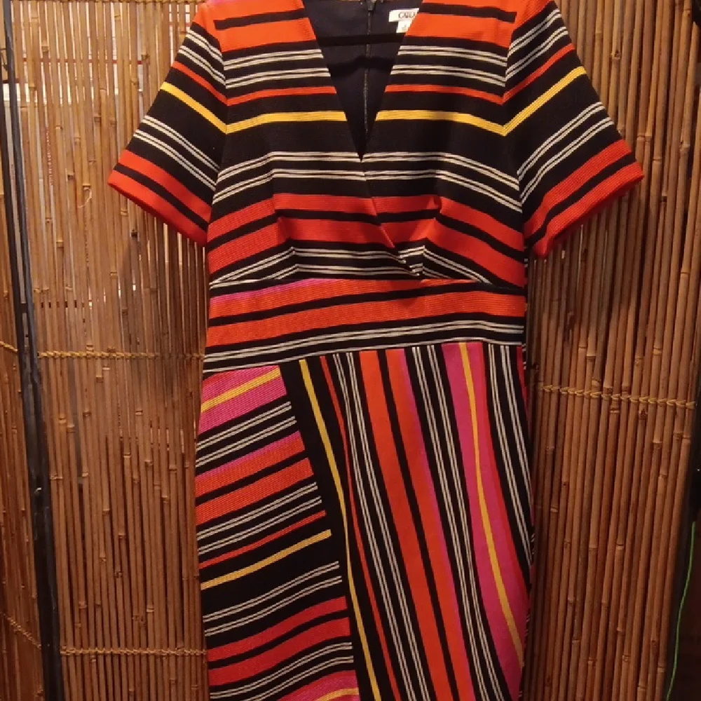 Cato Orange Black Sheath Midi Dress V-Neck Short Sleeve - Picture 3 of 14